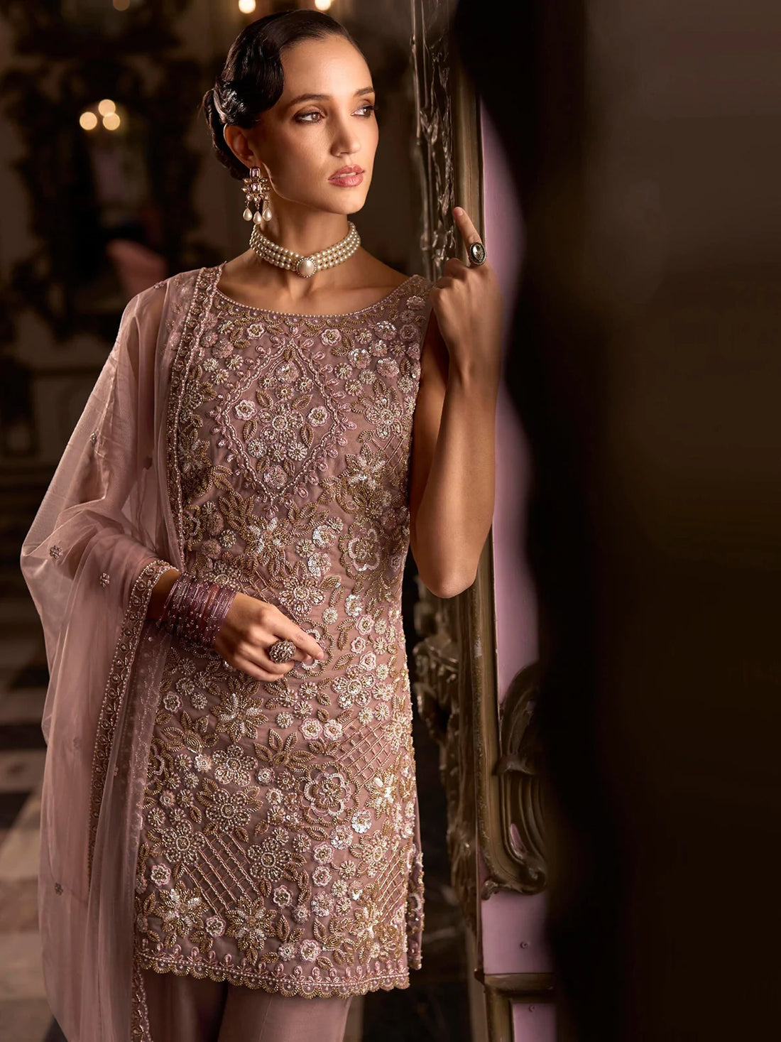 Mauve Heavy Embroidered Net Palazzo Suit Set with Dupatta