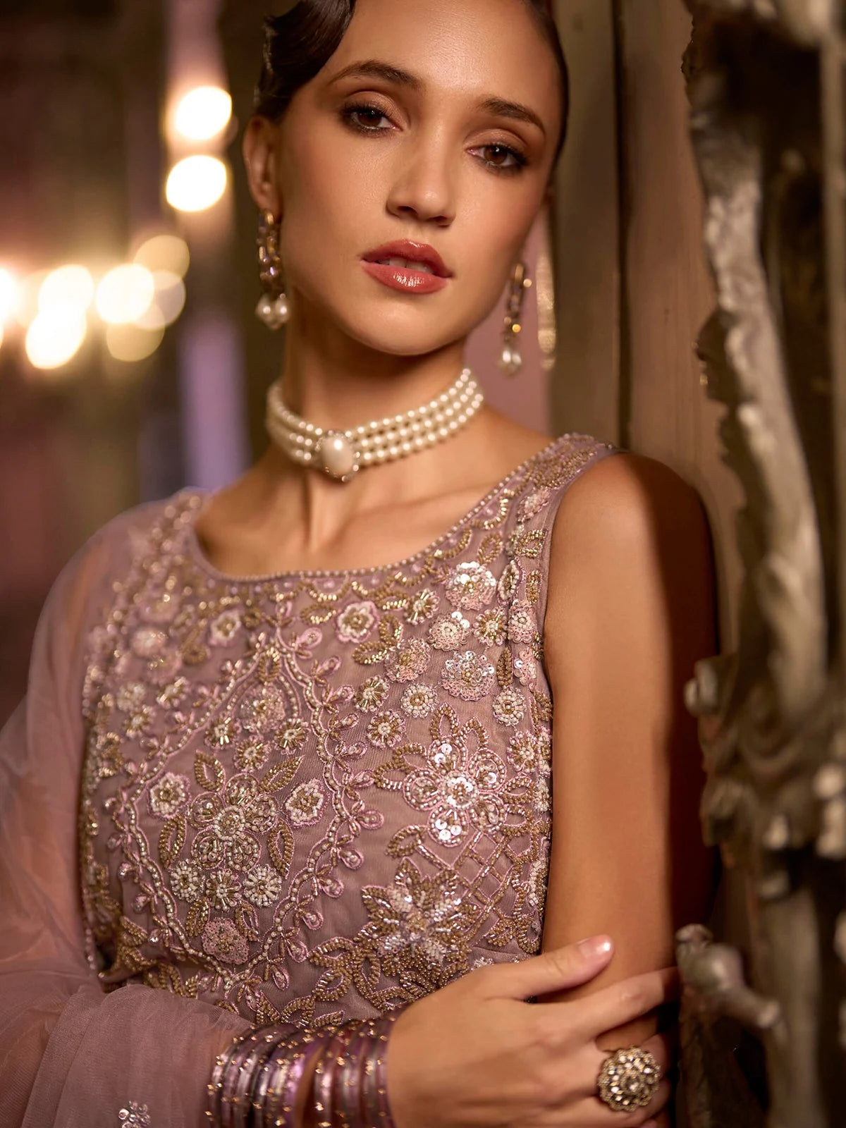 Mauve Heavy Embroidered Net Palazzo Suit Set with Dupatta