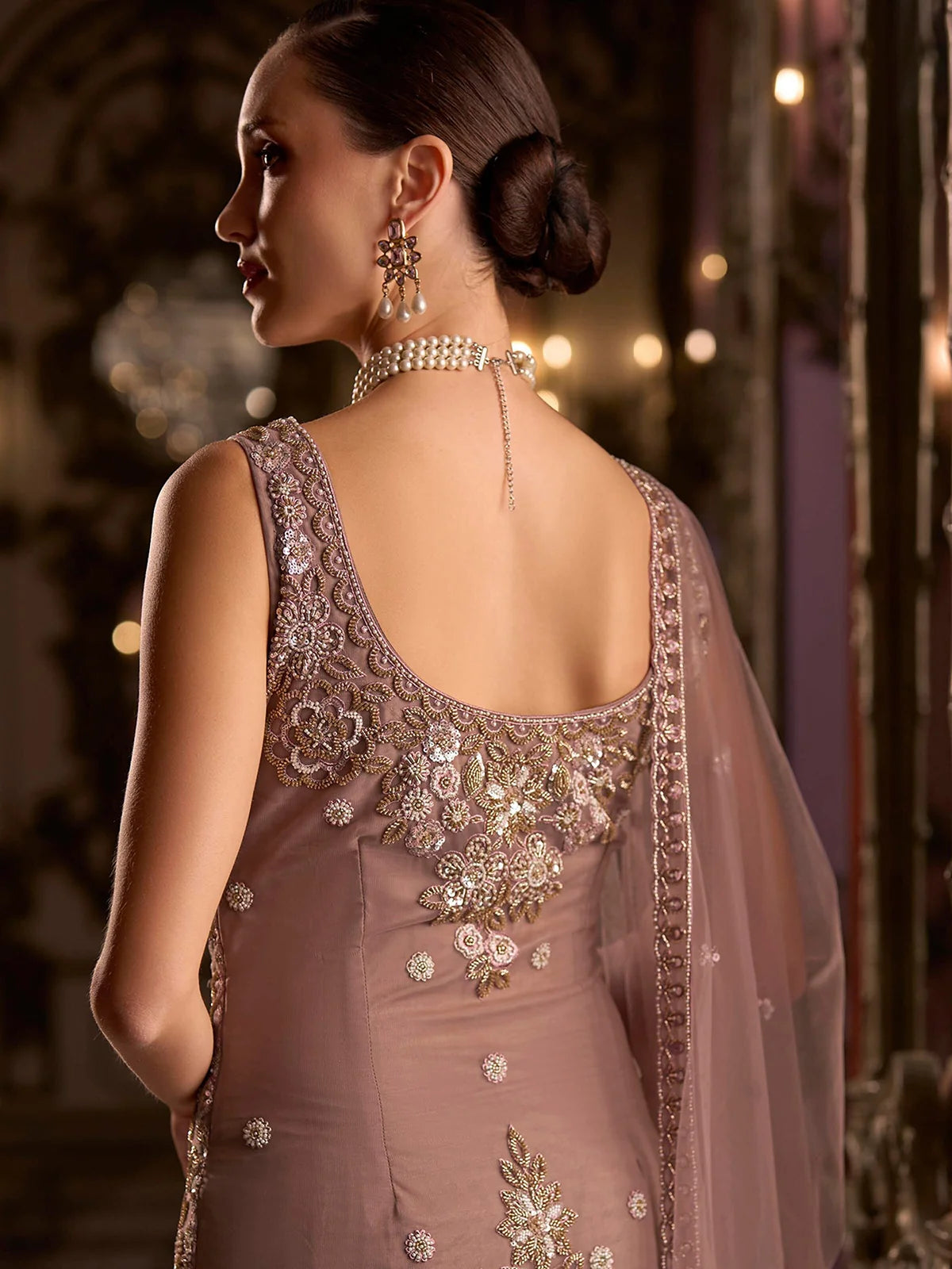 Mauve Heavy Embroidered Net Palazzo Suit Set with Dupatta