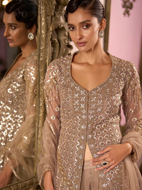 Taupe Beige Heavy Embroidered Net Palazzo Suit Set with Dupatta