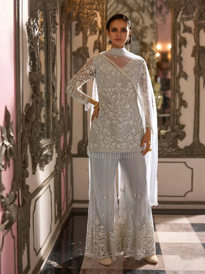 Blue Heavy Embroidered Net Palazzo Suit Set with Dupatta