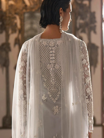 Blue Heavy Embroidered Net Palazzo Suit Set with Dupatta