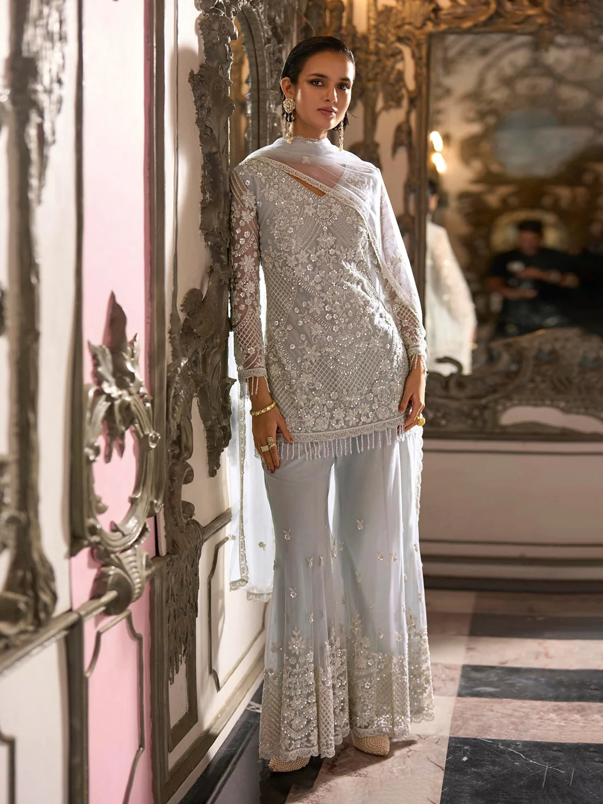 Blue Heavy Embroidered Net Palazzo Suit Set with Dupatta