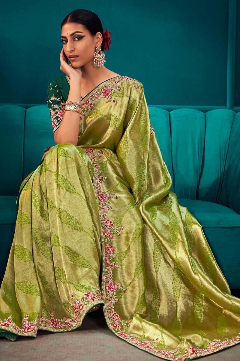 Beautiful Designer Pista Colour Banarasi Kanjivaram Saree