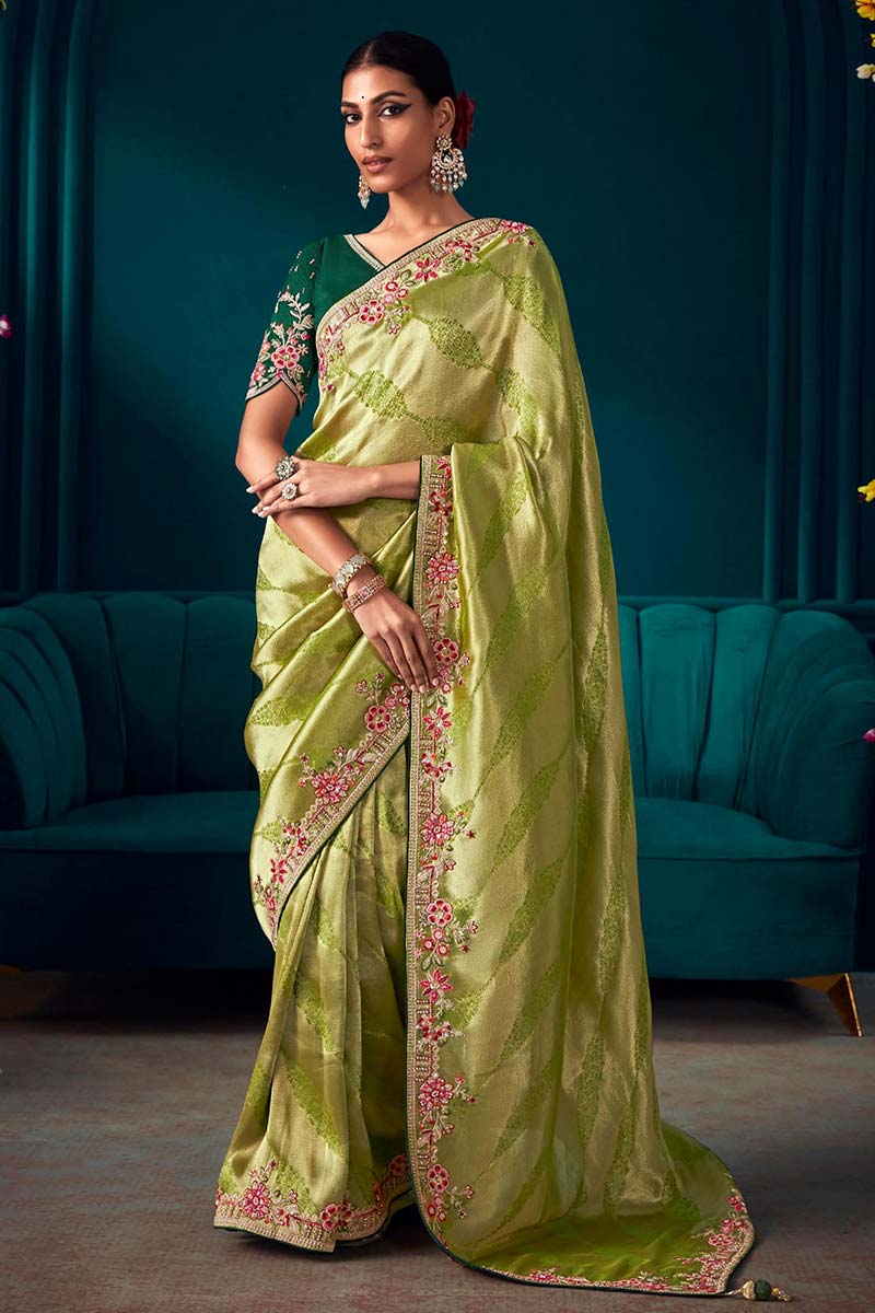 Beautiful Designer Pista Colour Banarasi Kanjivaram Saree