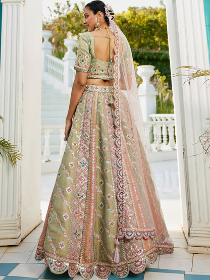 Multi-Color Net Bridal Lehenga with Gotapatti &amp; Sequins Work