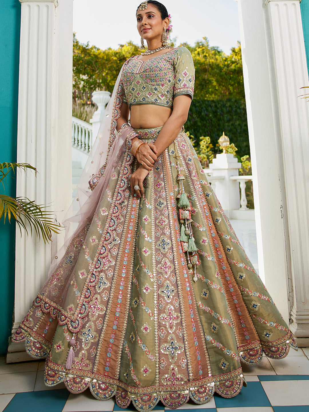 Multi-Color Net Bridal Lehenga with Gotapatti Sequins Work