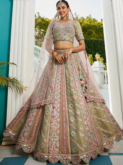 Multi-Color Net Bridal Lehenga with Gotapatti &amp; Sequins Work