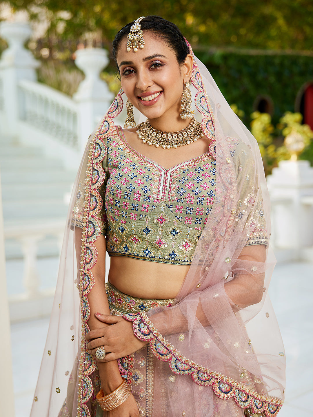 Multi-Color Net Bridal Lehenga with Gotapatti &amp; Sequins Work