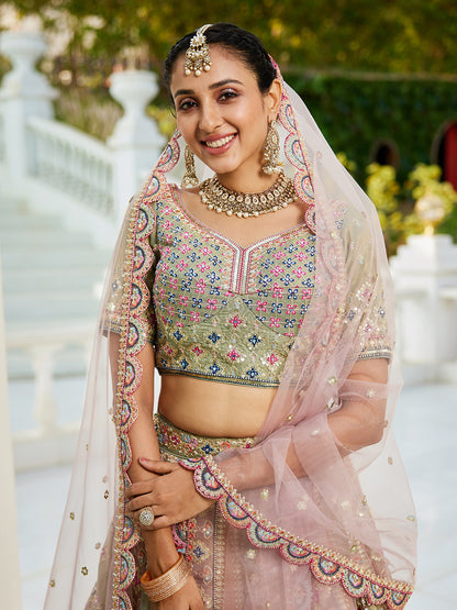 Multi-Color Net Bridal Lehenga with Gotapatti &amp; Sequins Work