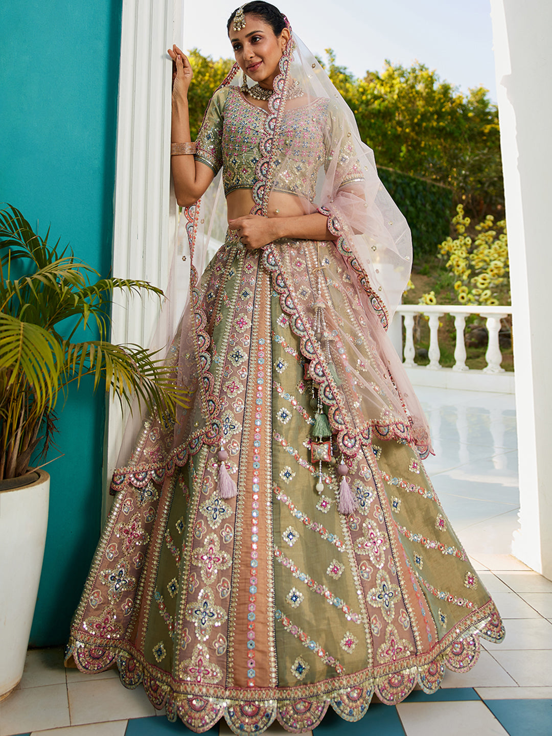 Multi-Color Net Bridal Lehenga with Gotapatti &amp; Sequins Work