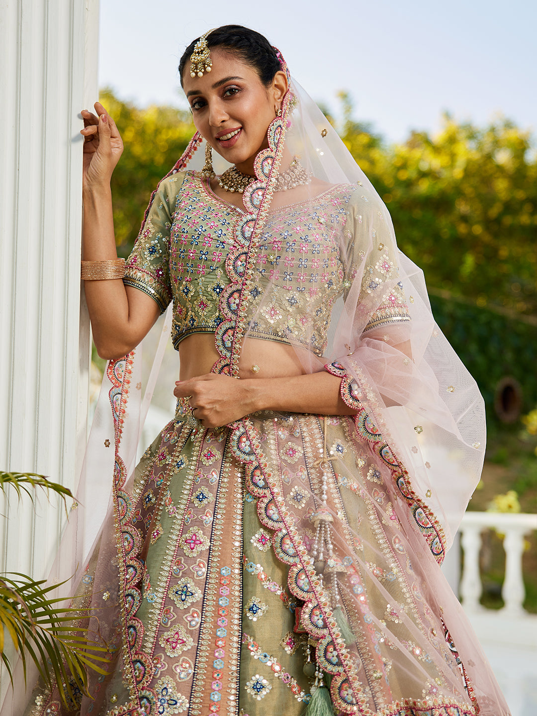 Multi-Color Net Bridal Lehenga with Gotapatti &amp; Sequins Work