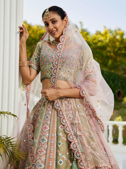 Multi-Color Net Bridal Lehenga with Gotapatti &amp; Sequins Work