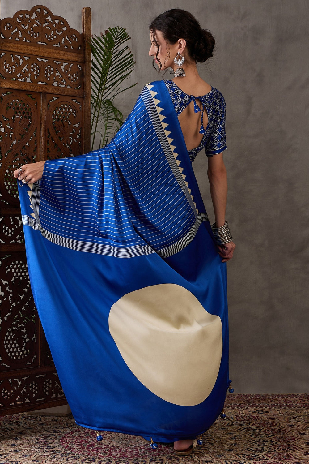 Blue Printed Satin Gaji Silk Saree ##color## Japan Satin Saree with premium fabric and embroidery