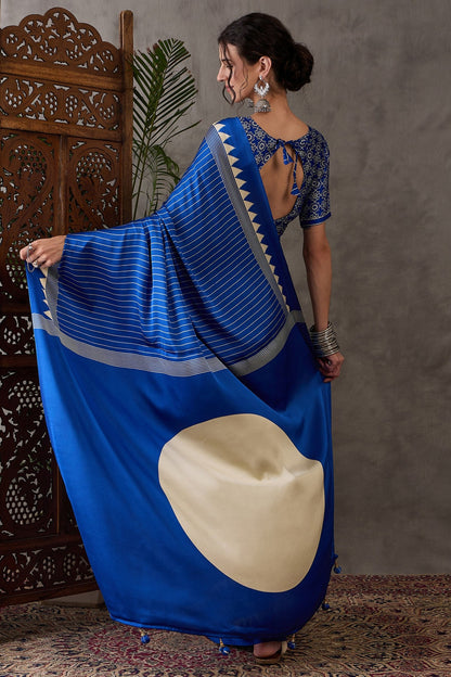 Blue Printed Satin Gaji Silk Saree 