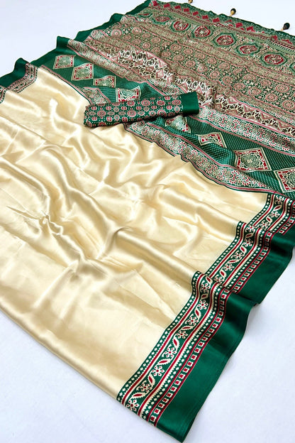 Cream and Green Pure Soft Modal Satin Ajrakh Print Satin Saree Japan Satin Saree Anant Tex Exports Pvt.Ltd..