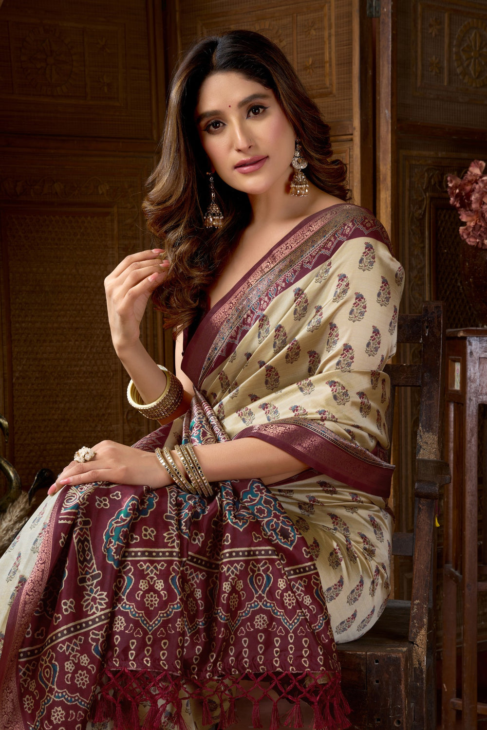Cream Pure Cluster Silk Ajarkh Digital Printed Saree 