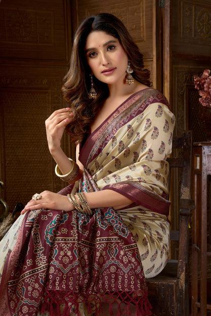 Cream Pure Cluster Silk Ajarkh Digital Printed Saree 