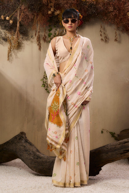 Coconut Cream Pure Soft Handloom Muga Cotton Saree 