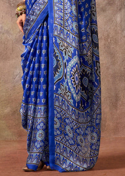 Blue Raisins Ajrakh Printed Satin Georgette Silk Saree 