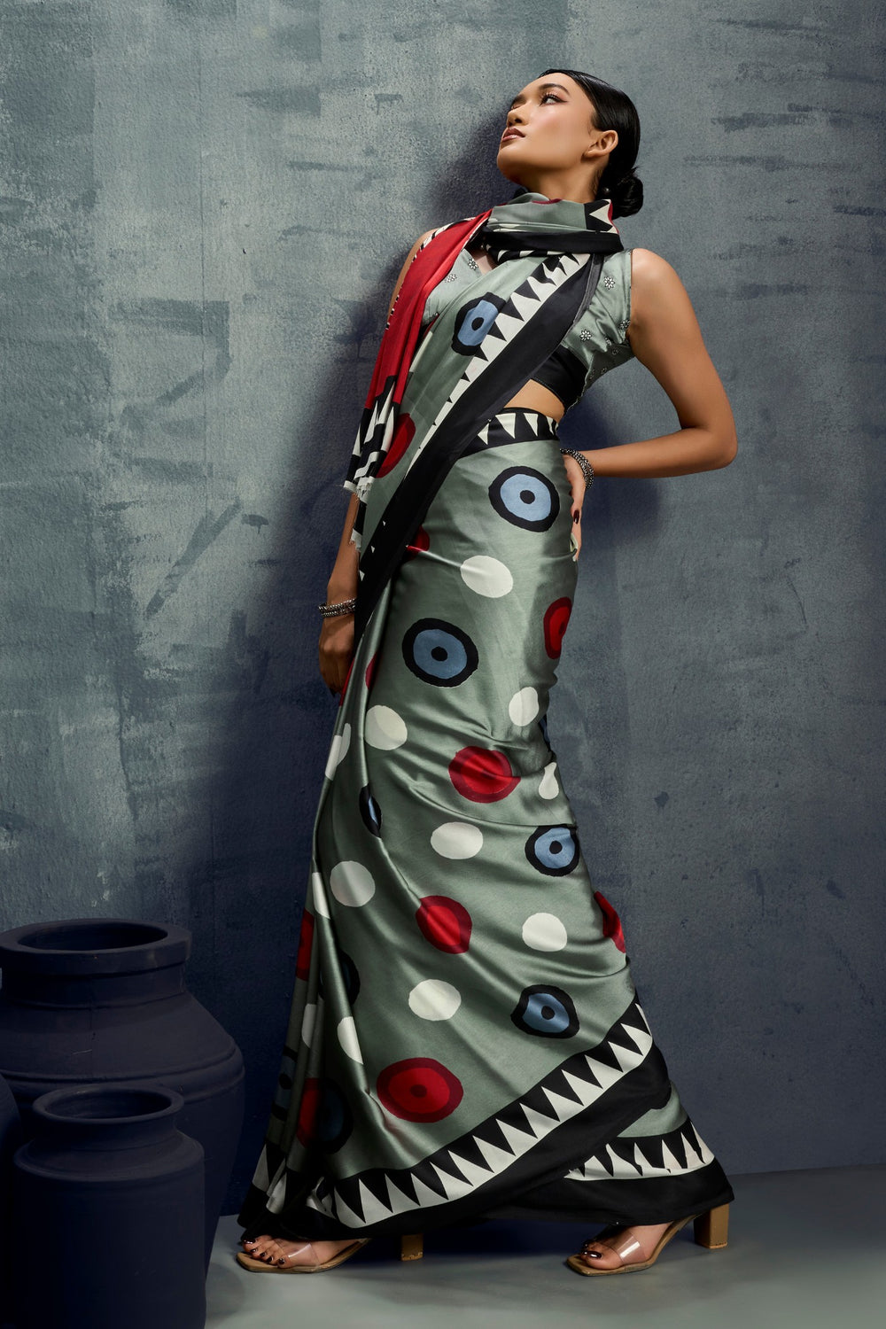 Green Ajrakh Printed Satin Crepe Silk Saree ##color## Japan Satin Saree with premium fabric and embroidery