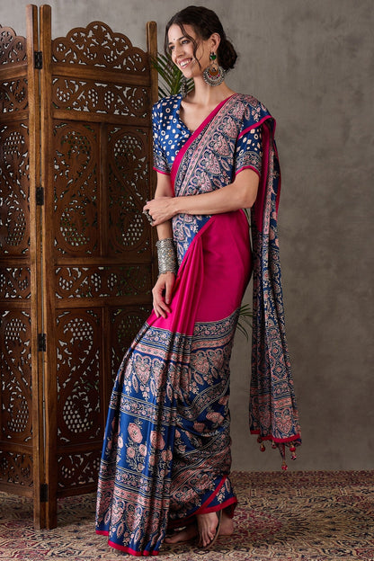 Magenta Pink Pure Soft Modal Satin Ajrakh Print Satin Saree Japan Satin Saree Anant Tex Exports Pvt.Ltd..