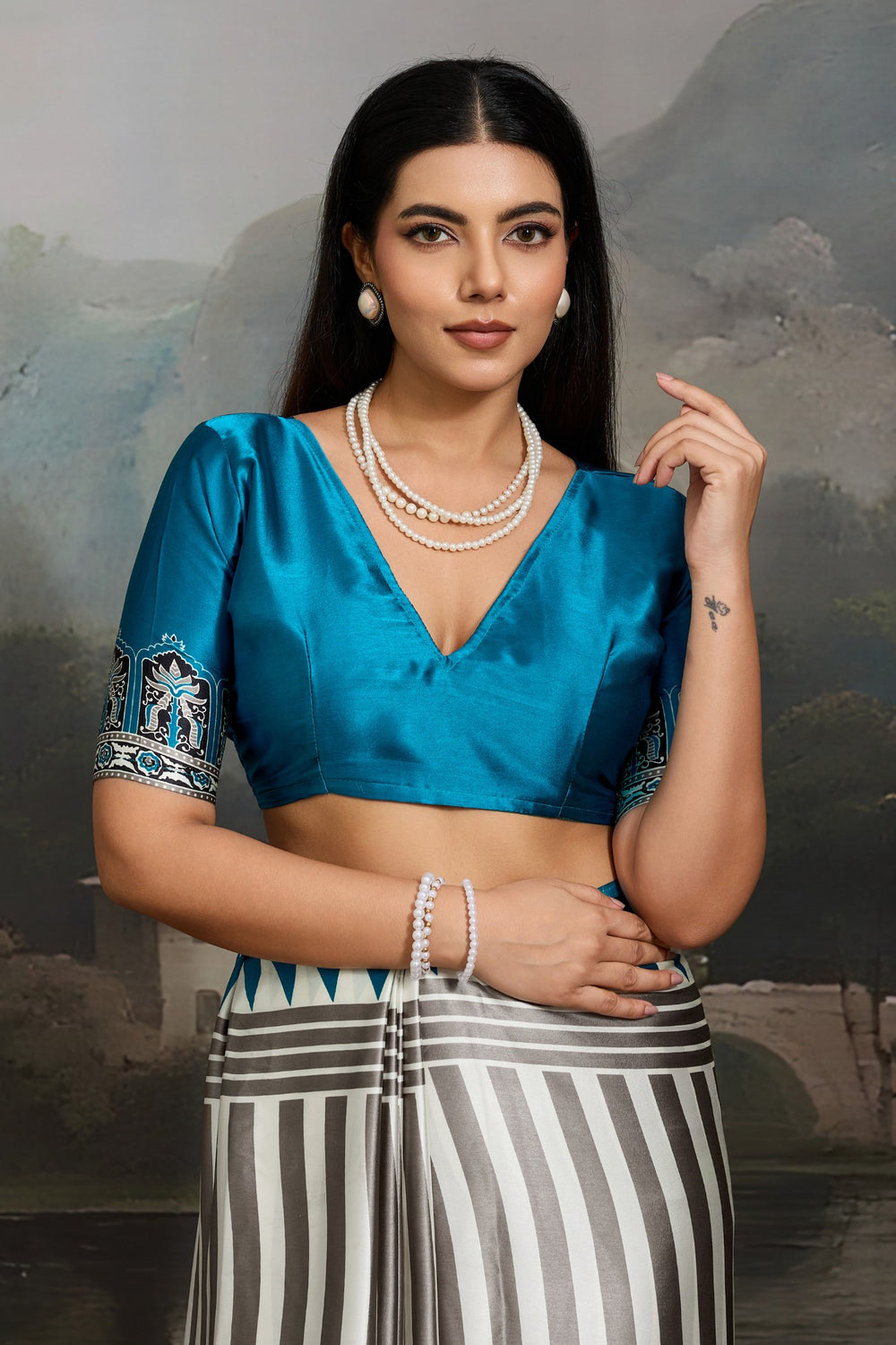 White and Blue Pure Ajrakh Printed Satin Crepe Silk Saree