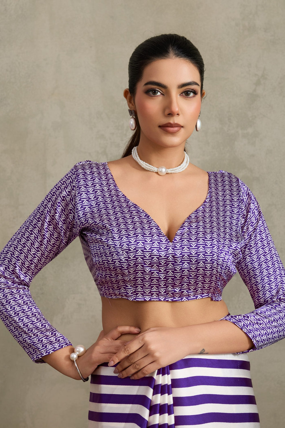 Purple Pure Soft Modal Satin Ajrakh Print Satin Saree