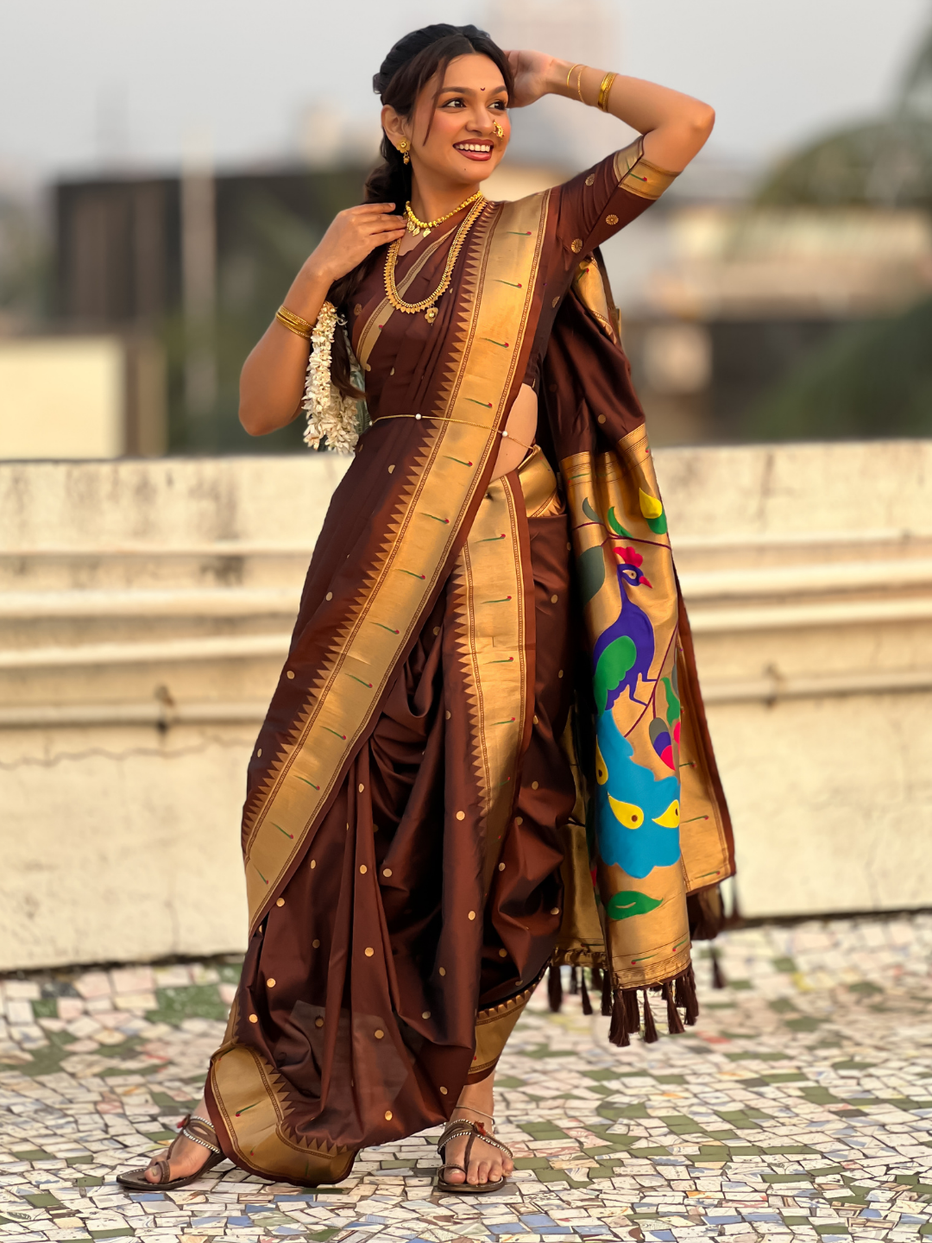 Coffee Wedding Special Nauvari Paithani Soft Silk Saree 