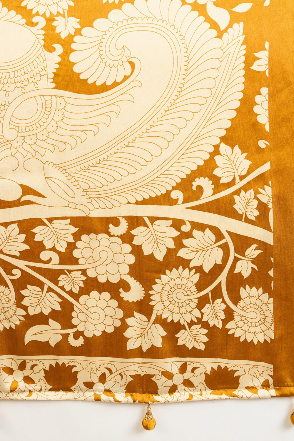 Yellow Kalamkari Printed Satin Silk Saree 