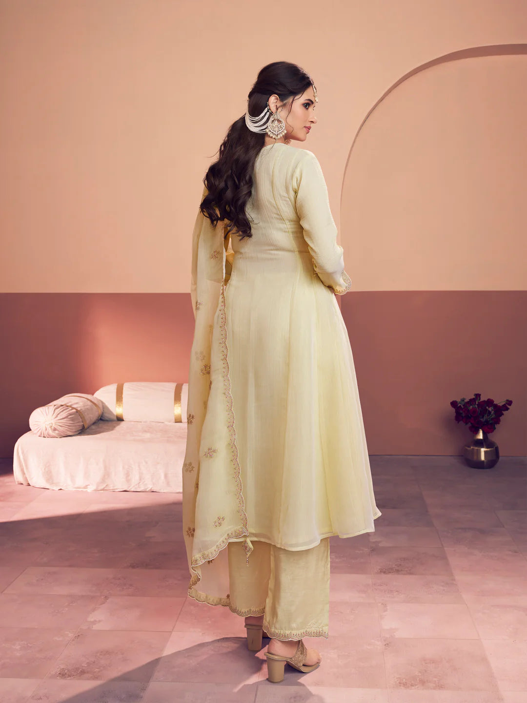 Pastel Yellow Tissue Embroidered A-Line Kurti Set with Dupatta 