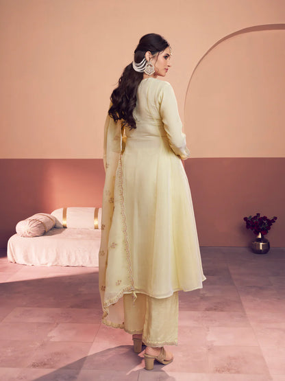 Pastel Yellow Tissue Embroidered A-Line Kurti Set with Dupatta 