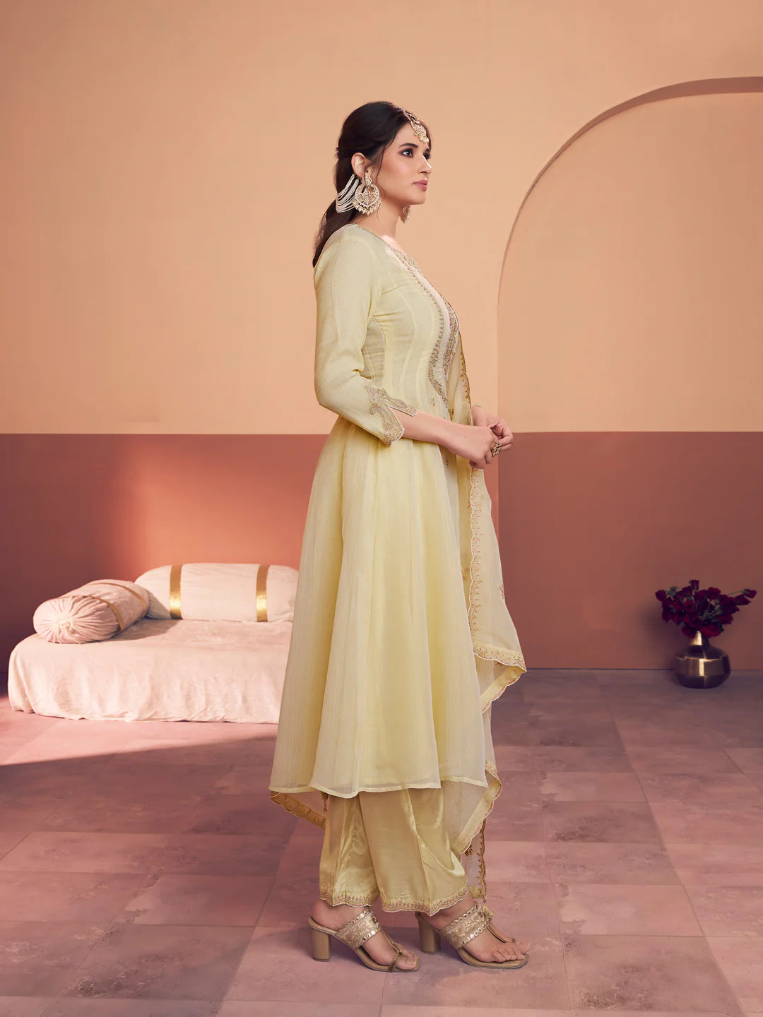 Pastel Yellow Tissue Embroidered A-Line Kurti Set with Dupatta 