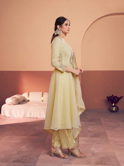 Pastel Yellow Tissue Embroidered A-Line Kurti Set with Dupatta 