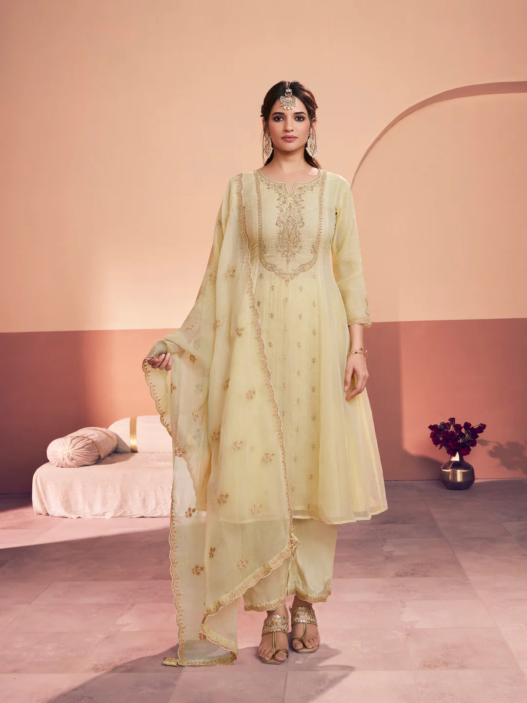 Pastel Yellow Tissue Embroidered A-Line Kurti Set with Dupatta 