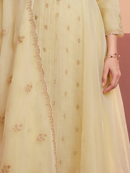 Pastel Yellow Tissue Embroidered A-Line Kurti Set with Dupatta 