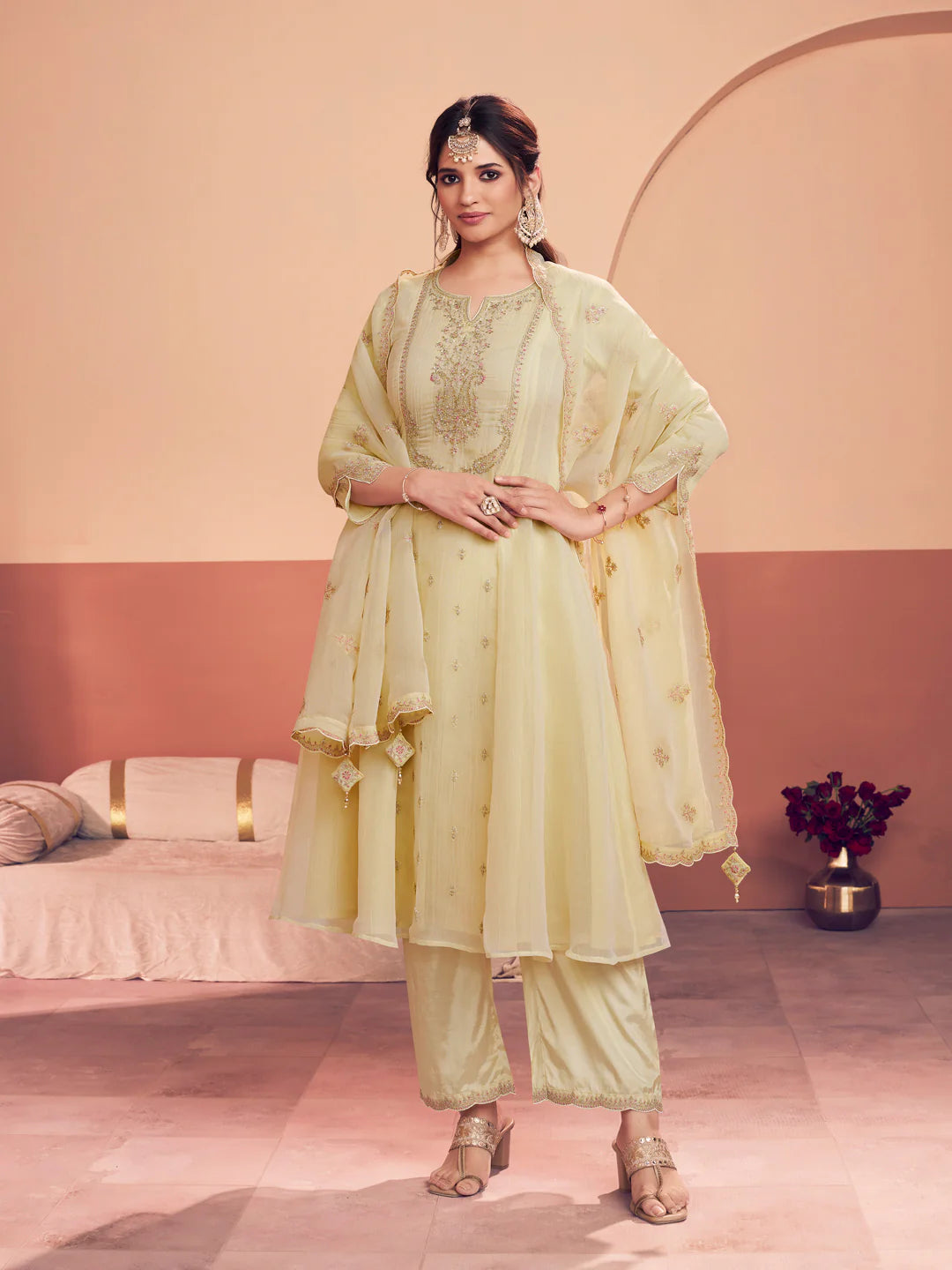 Pastel Yellow Tissue Embroidered A-Line Kurti Set with Dupatta 