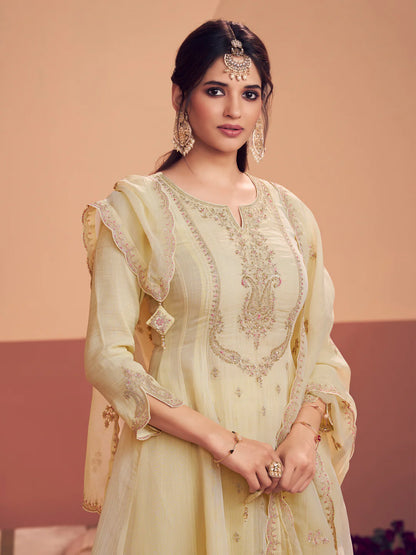 Pastel Yellow Tissue Embroidered A-Line Kurti Set with Dupatta 