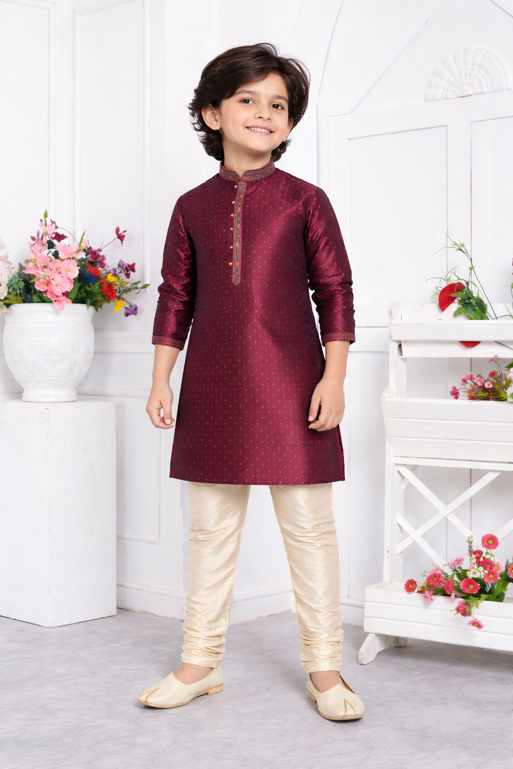 Maroon Jacquard Silk Straight Boys Kurta Set