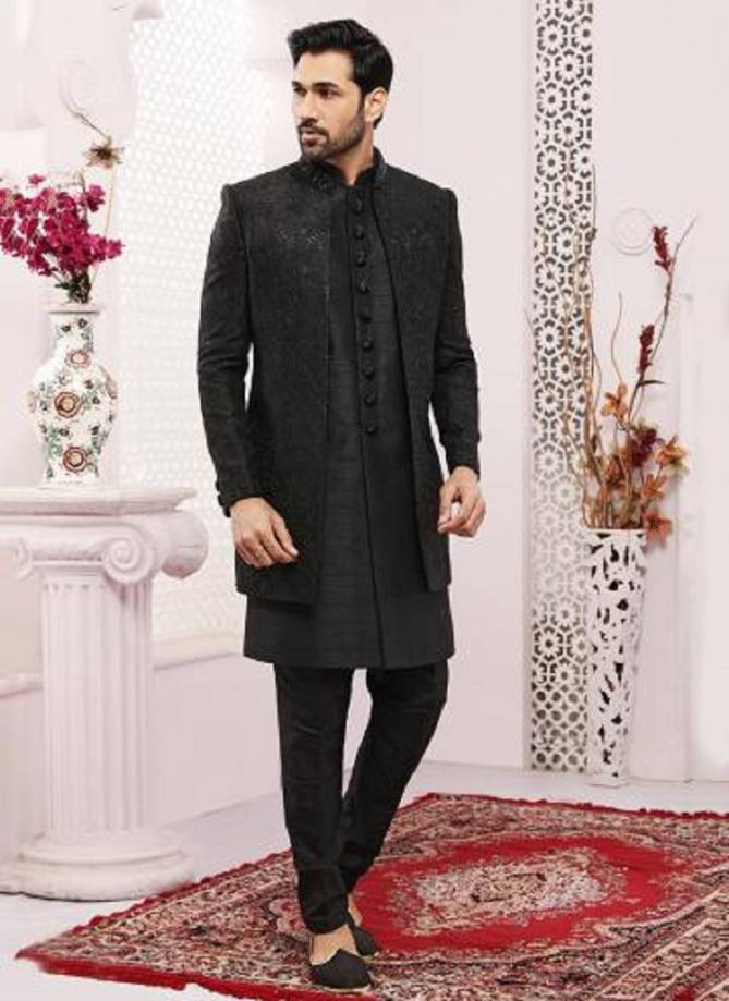 Black Art Banarasi Silk Wedding Wear Designer Sherwani