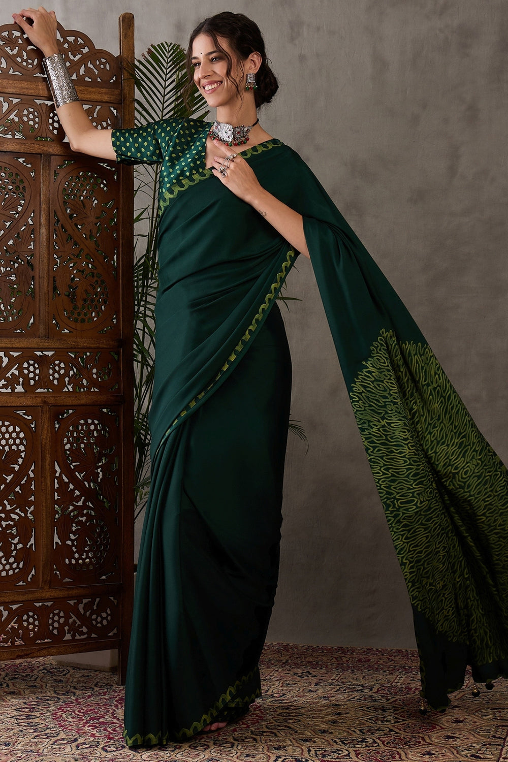 Green Pure Gaji Silk Satin Printed Saree 