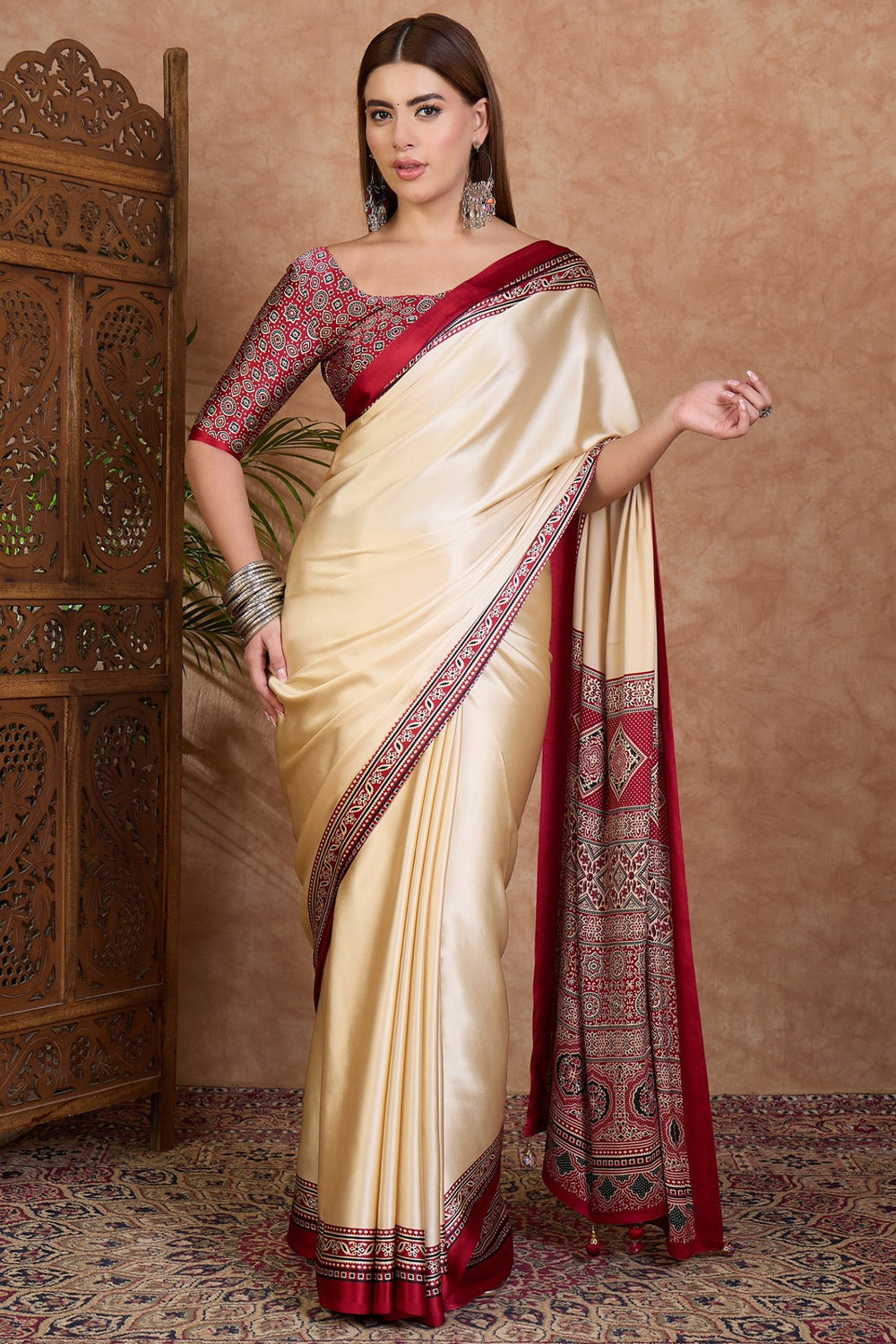 Cream and Red Pure Soft Modal Satin Ajrakh Print Satin Saree Japan Satin Saree Anant Tex Exports Pvt.Ltd..
