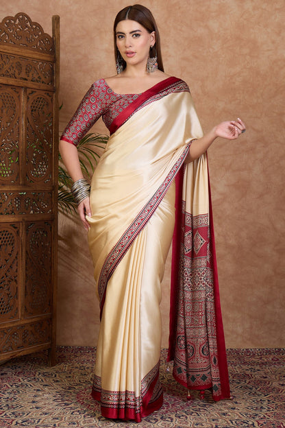 Cream and Red Pure Soft Modal Satin Ajrakh Print Satin Saree Japan Satin Saree Anant Tex Exports Pvt.Ltd..