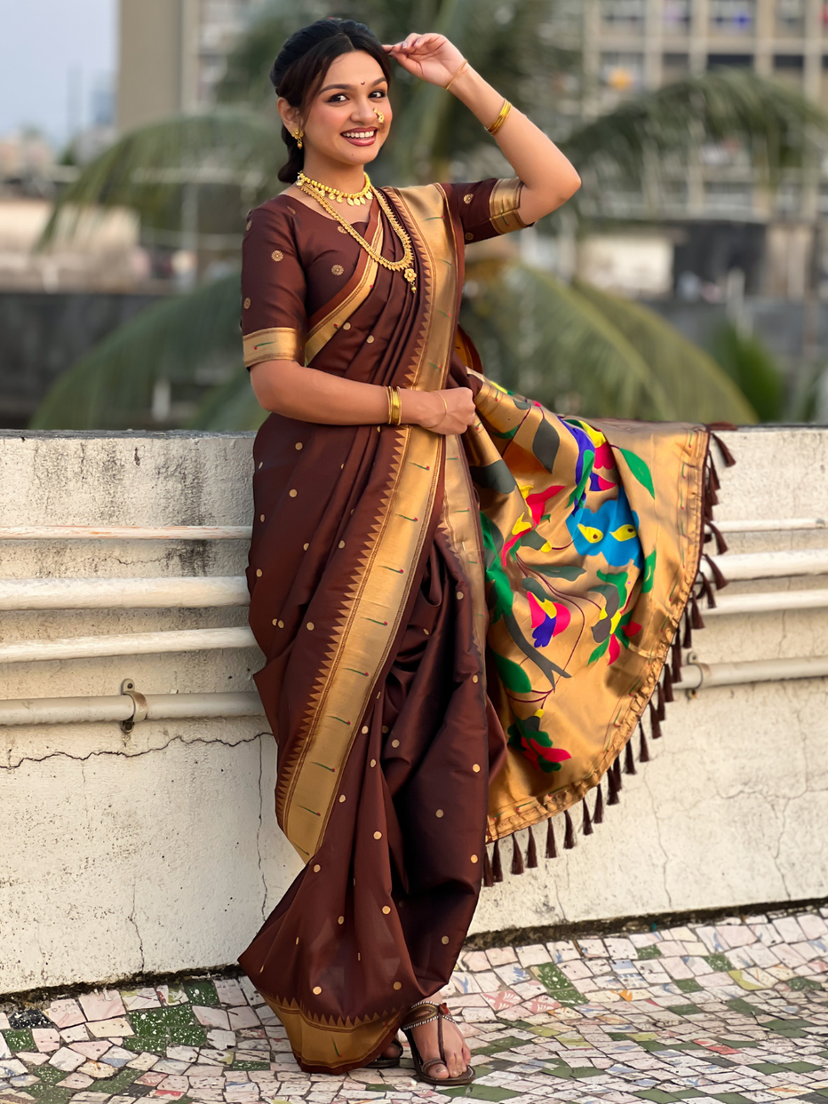 Coffee Wedding Special Nauvari Paithani Soft Silk Saree ##color## Paithani Saree with premium fabric and embroidery