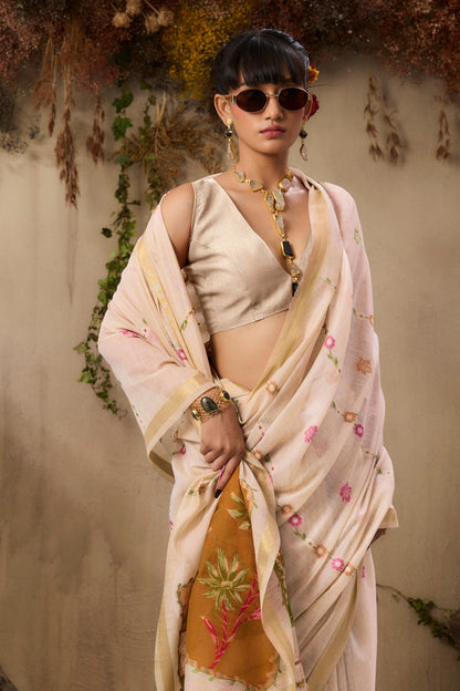 Coconut Cream Pure Soft Handloom Muga Cotton Saree 