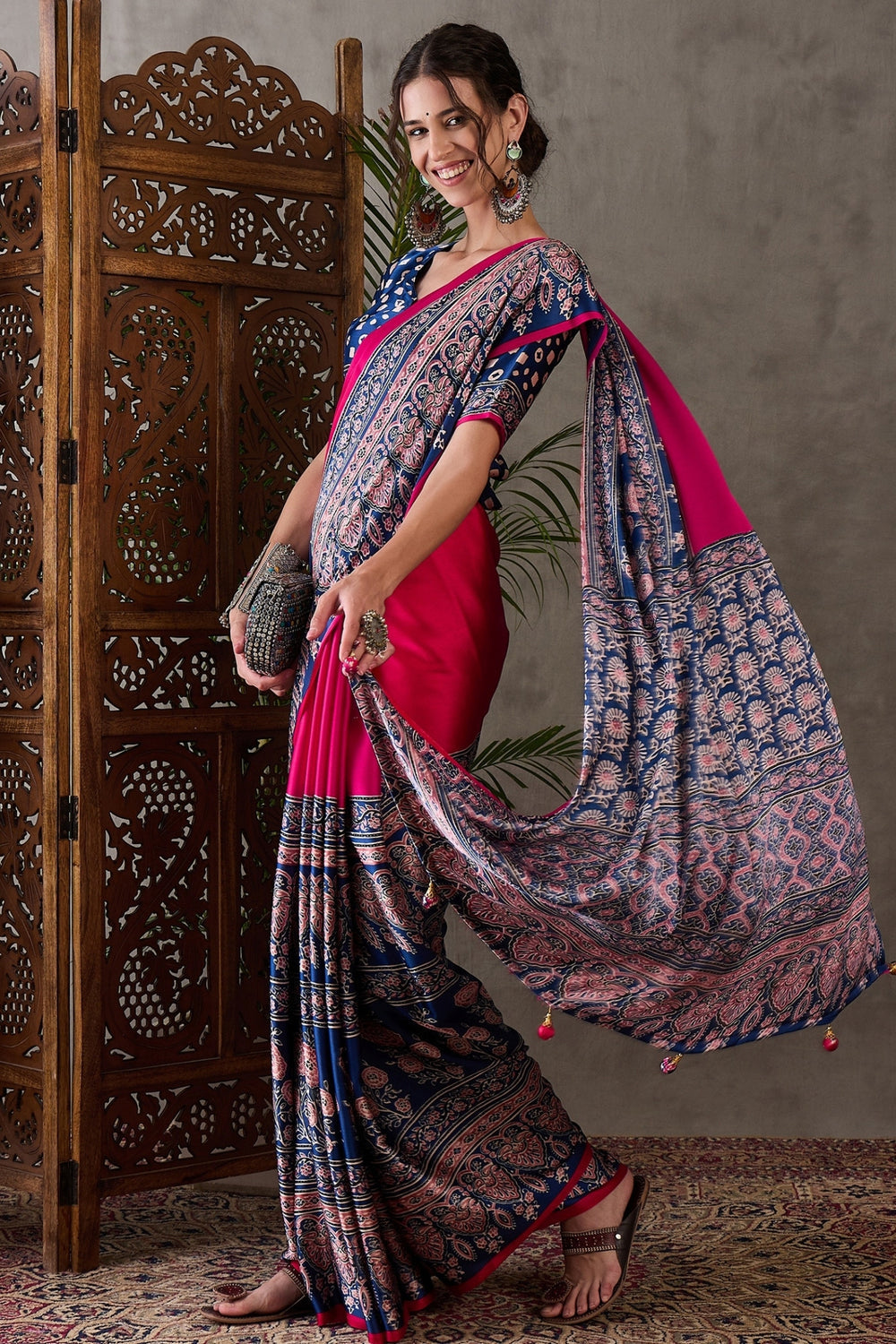 Magenta Pink Pure Soft Modal Satin Ajrakh Print Satin Saree Japan Satin Saree Anant Tex Exports Pvt.Ltd..