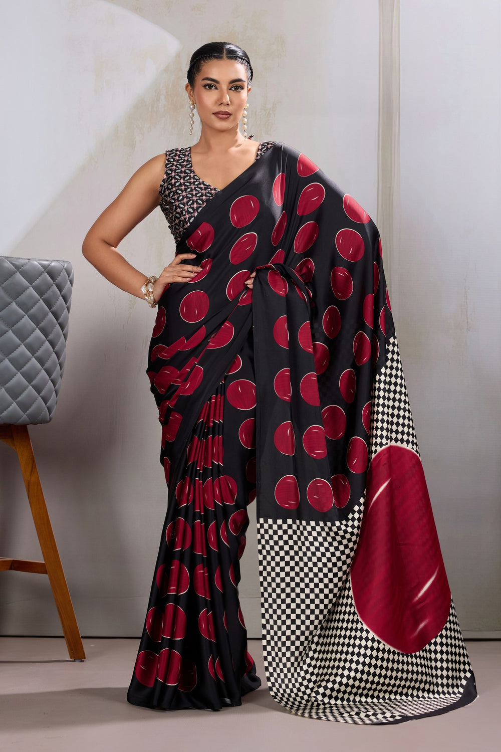 Red Printed Polka Dots Satin Crepe Saree 