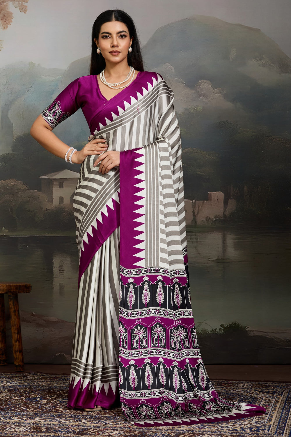 White and Purple Pure Ajrakh Printed Satin Crepe Silk Saree ##color## Floral Printed Saree with premium fabric and embroidery