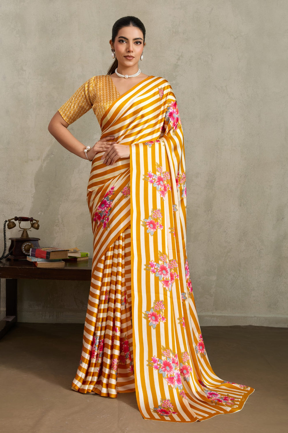 Yellow Pure Soft Modal Satin Ajrakh Print Satin Saree Japan Satin Saree Anant Tex Exports Pvt.Ltd..