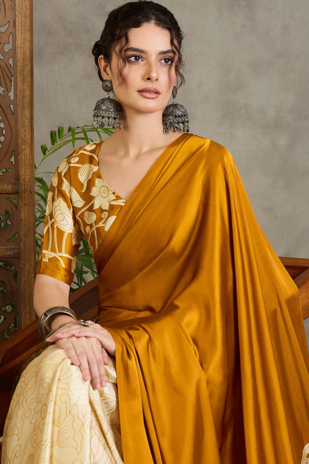 Yellow Kalamkari Printed Satin Silk Saree 